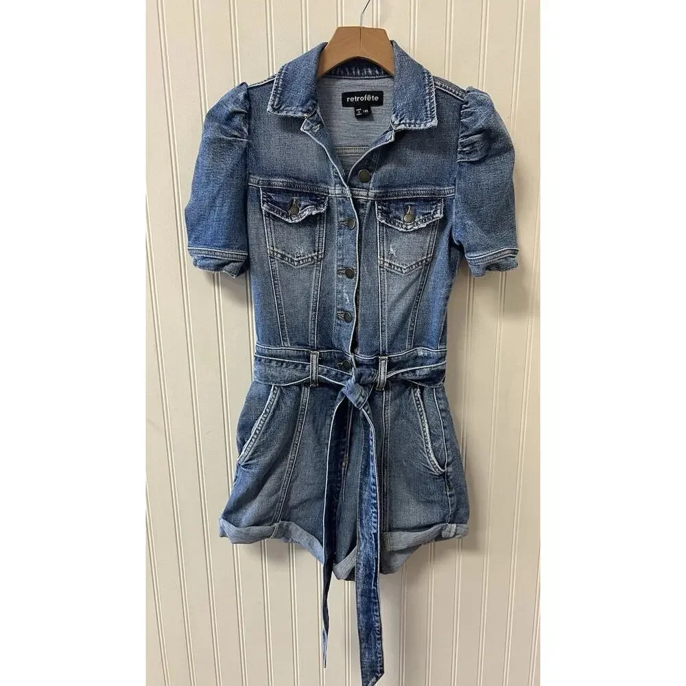 Retrofete Phoebe Blue Denim Romper Puff Sleeve Belted Size XS - Picture 3 of 7